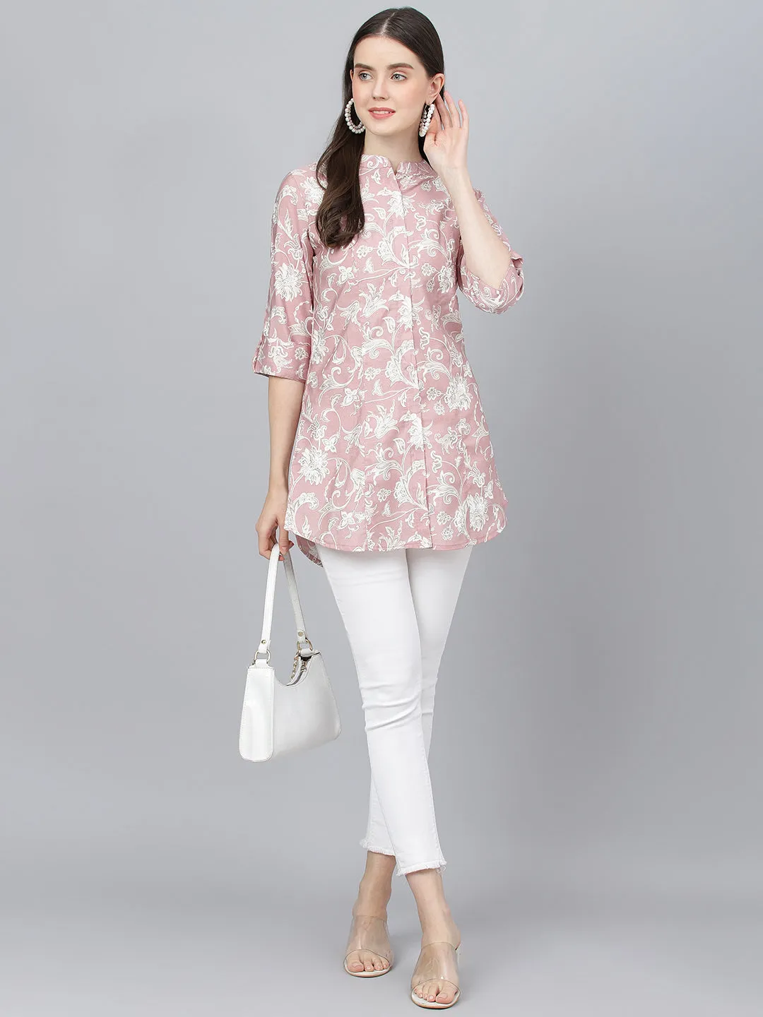 Women Dusty Pink Floral Printed Modal A-Line Shirts Style Top