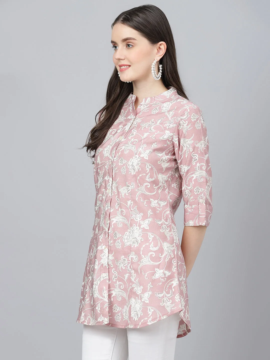 Women Dusty Pink Floral Printed Modal A-Line Shirts Style Top