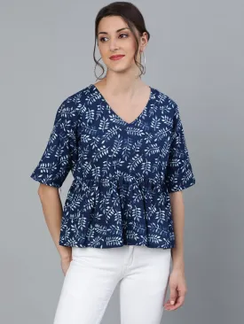 Women Indigo Blue Printed Top With V Neck & Three Quarter Sleeves