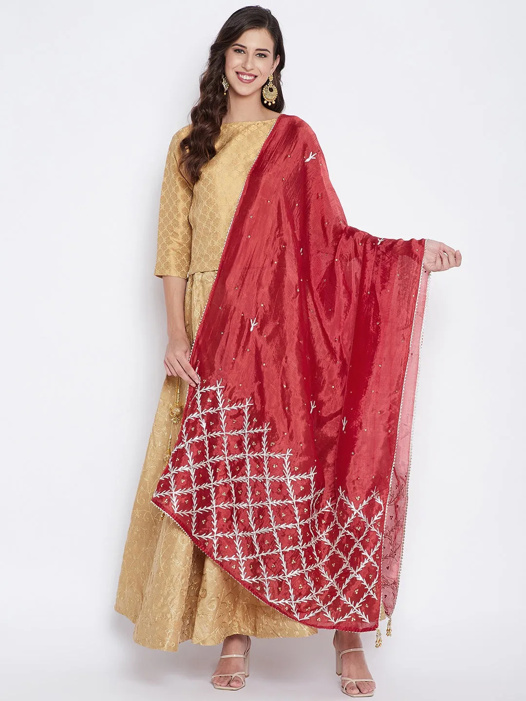 Women Maroon Embellished Dupatta