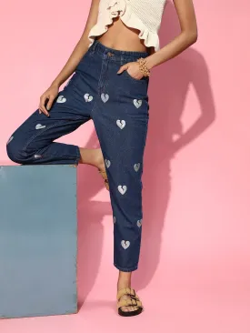 Women Navy Blue Heart Print Jeans