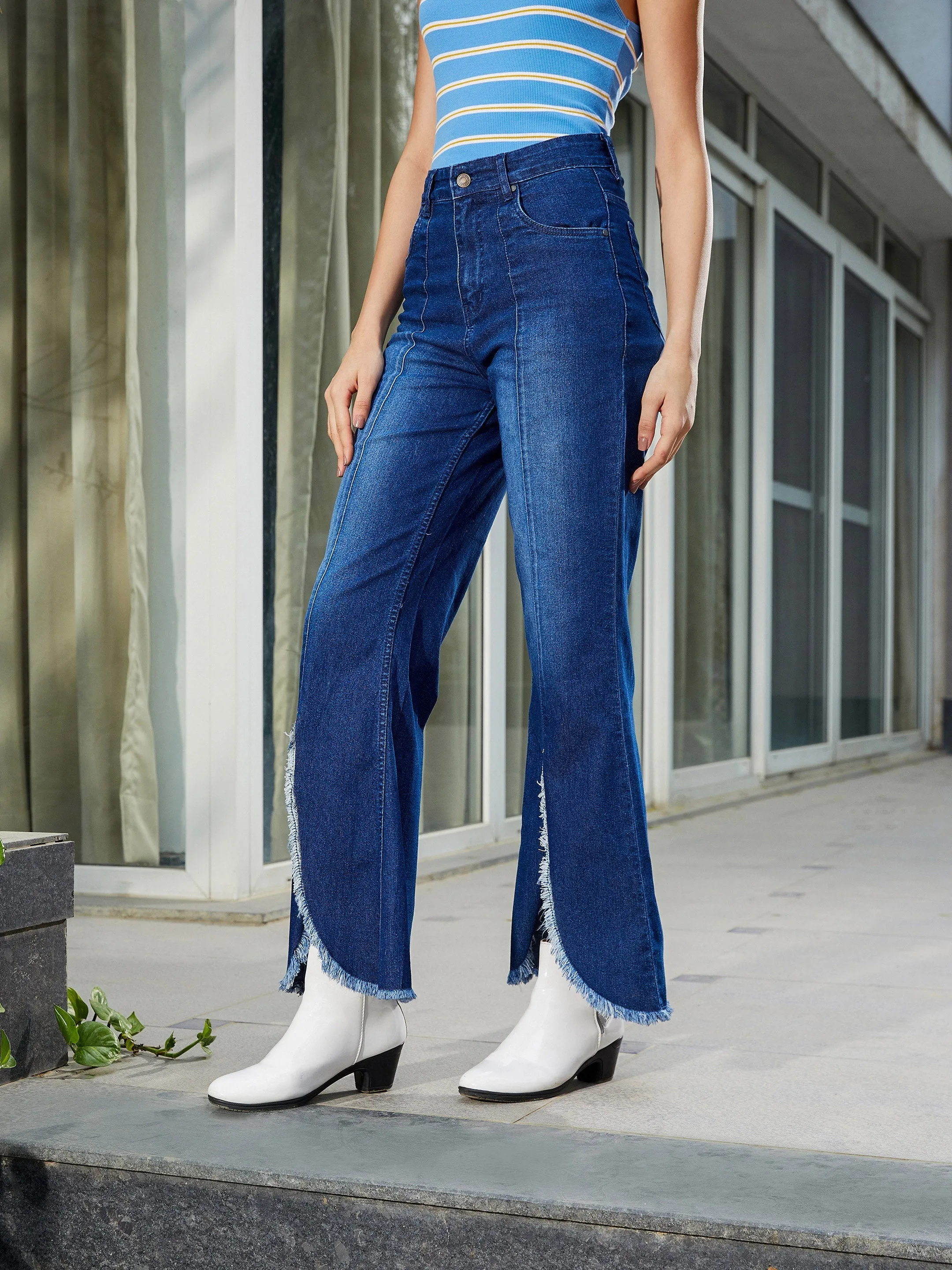 Women Navy Front Slit Bell Bottom Jeans