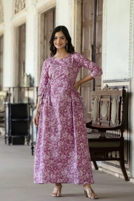 Women Pink Printed Flared Dress With Three Quarter Sleeves