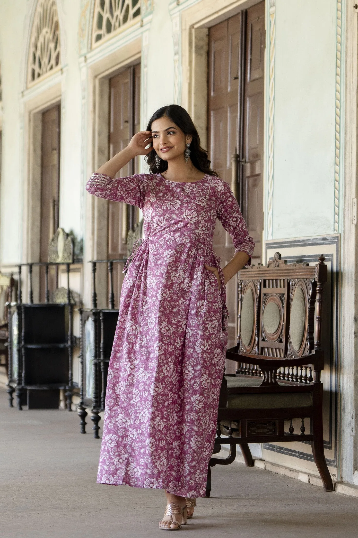 Women Pink Printed Flared Dress With Three Quarter Sleeves