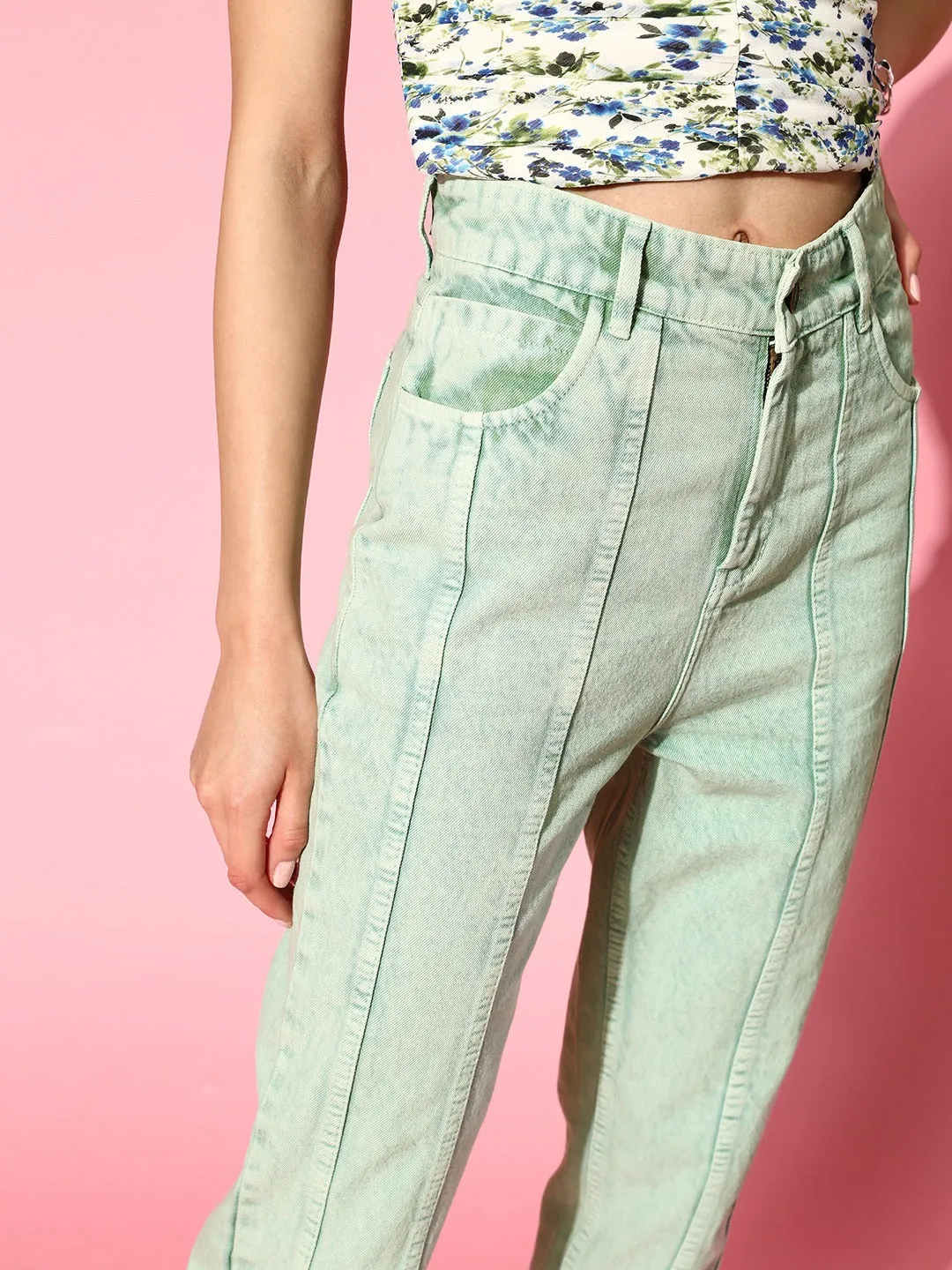 Women Sea Green Carrot Fit Pastel Jeans