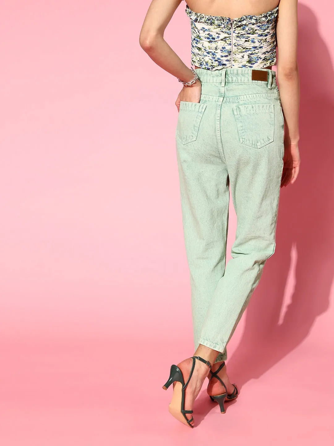 Women Sea Green Carrot Fit Pastel Jeans