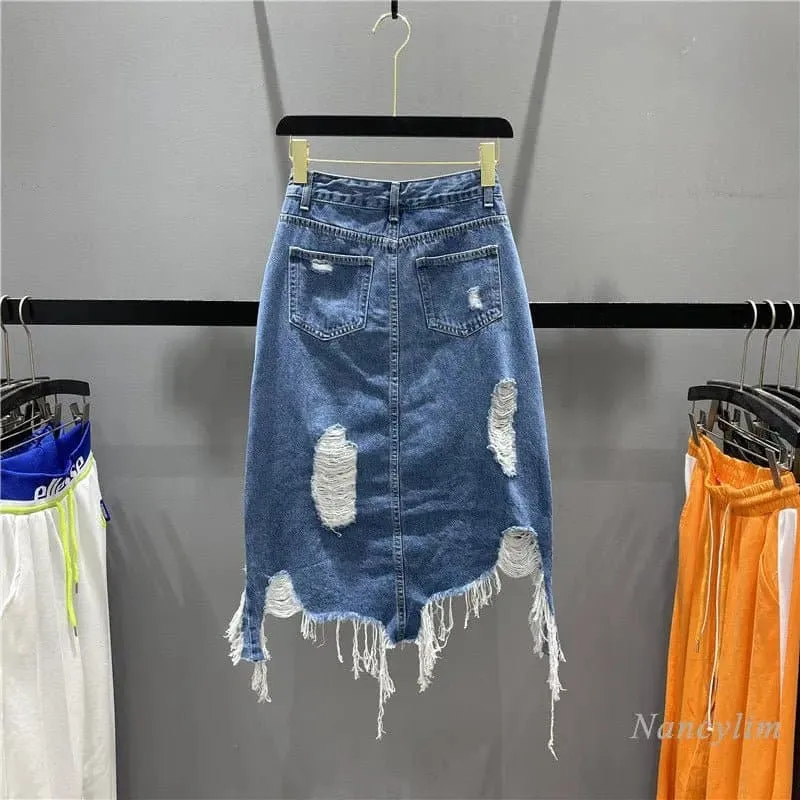 Women's Asymmetrical Denim Skirt with Tassel Hole Pocket Zipper - High Waist Midi Dress (2023 Spring)