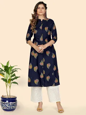 Women'S Block Print A-Line Rayon Blue Stitched Kurta