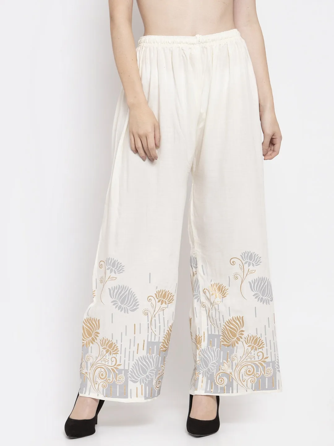 Women'S Cream Printed Rayon Palazzo