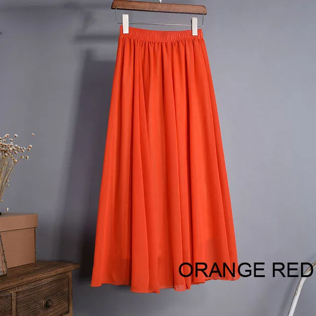 Women's Elegant Chiffon Maxi Skirt High Waist Elastic Waist Casual Long Skirts Saias 80/90/100cm 22 Color 2017 Summer Autumn New