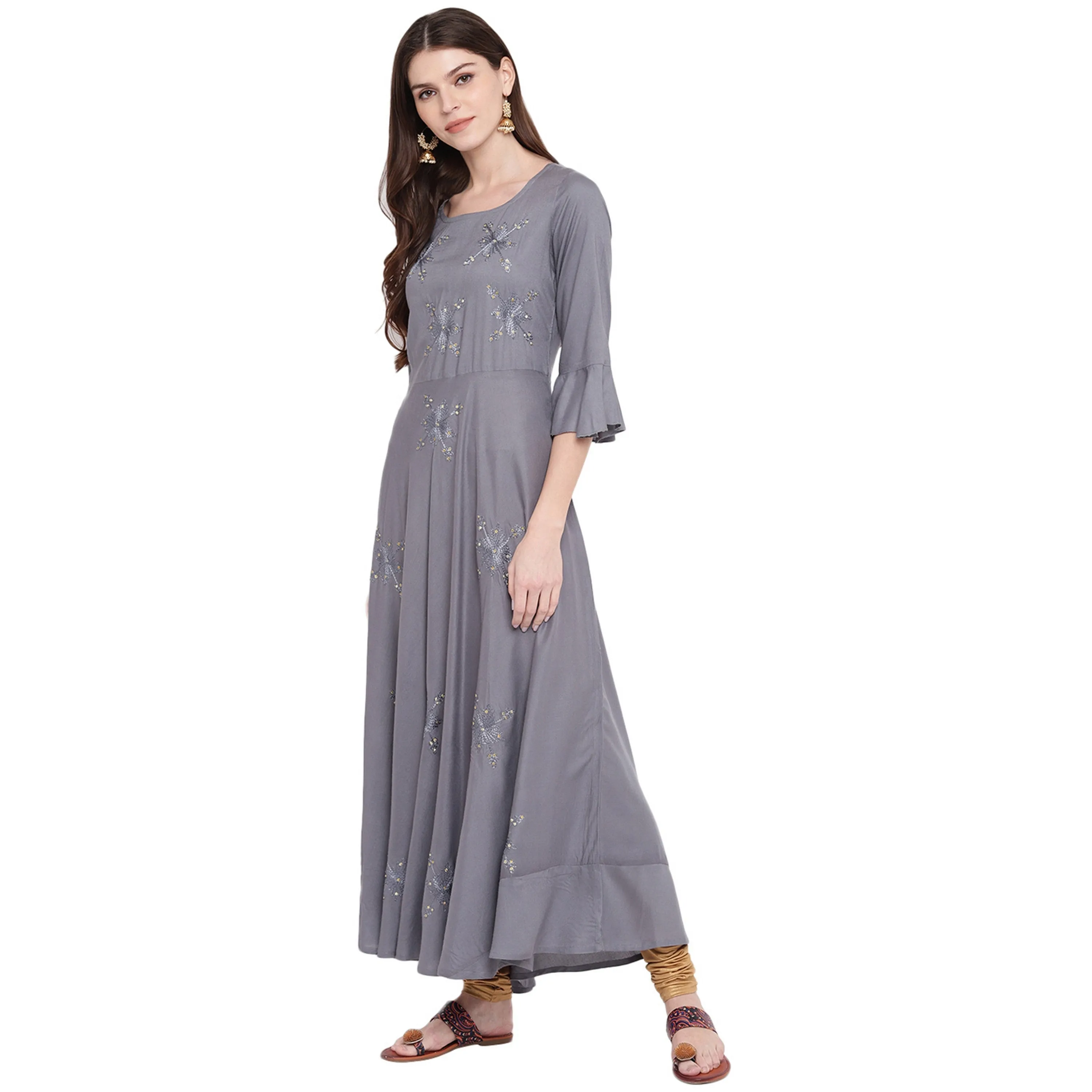 Women'S Embellished Flared Rayon Grey Kurti