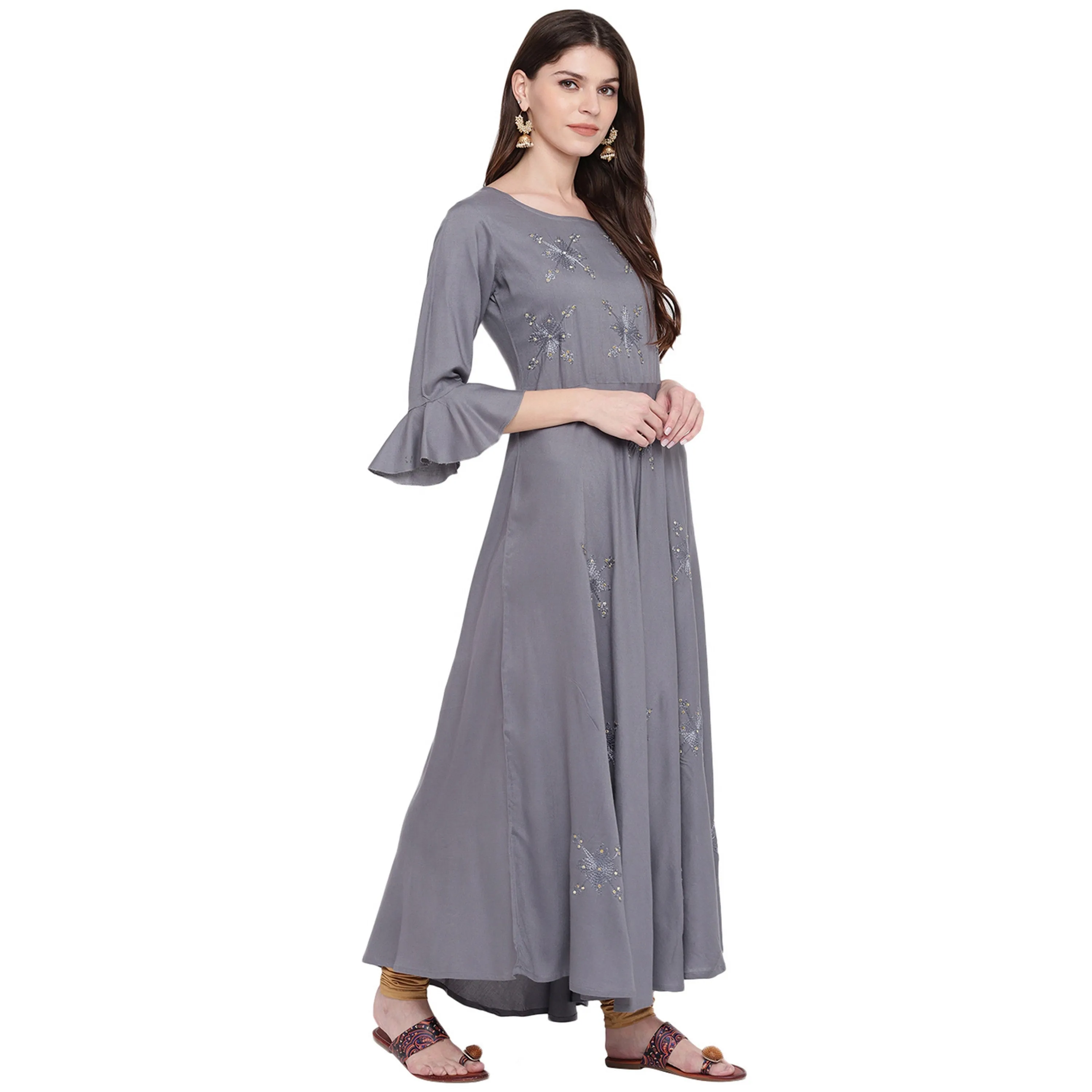 Women'S Embellished Flared Rayon Grey Kurti