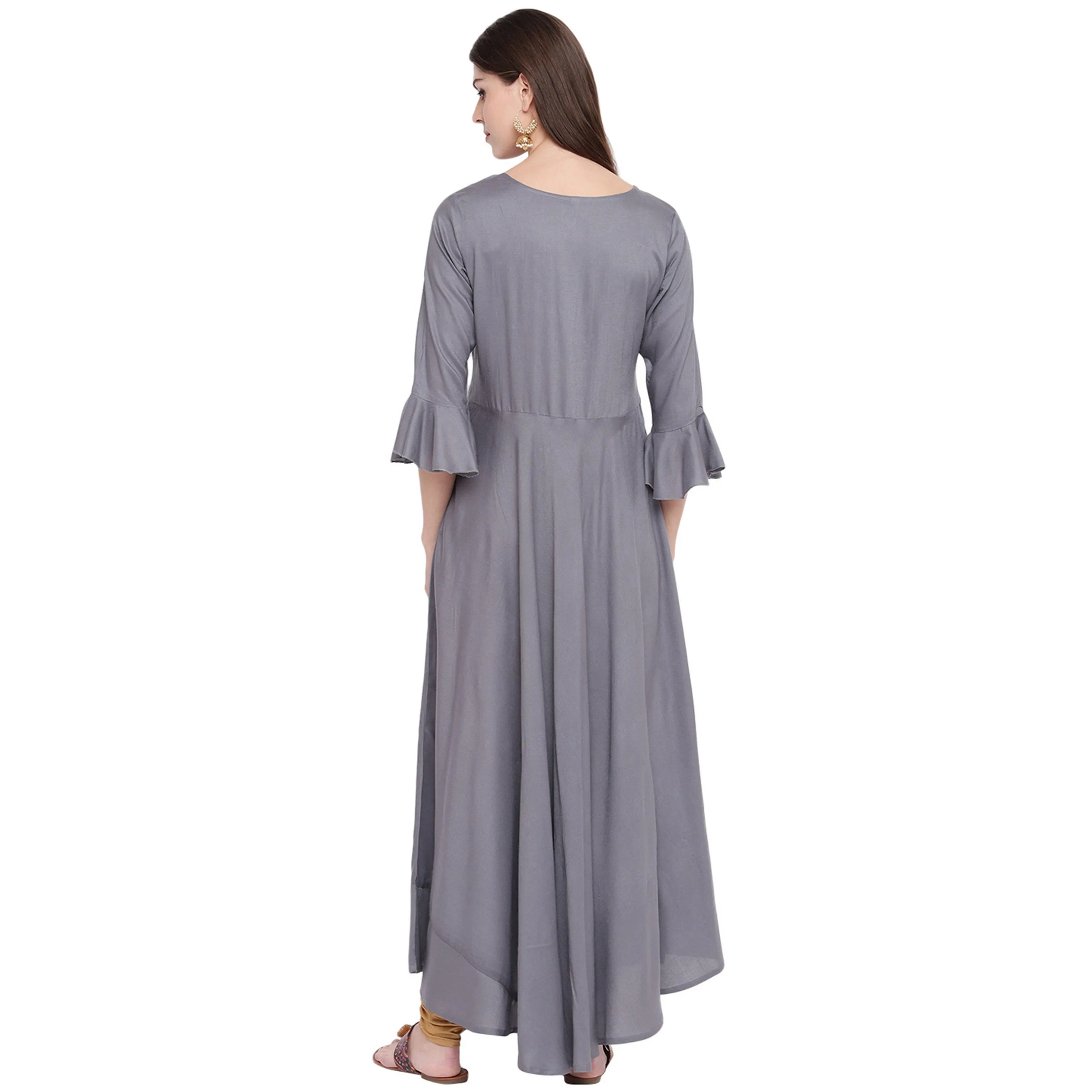 Women'S Embellished Flared Rayon Grey Kurti