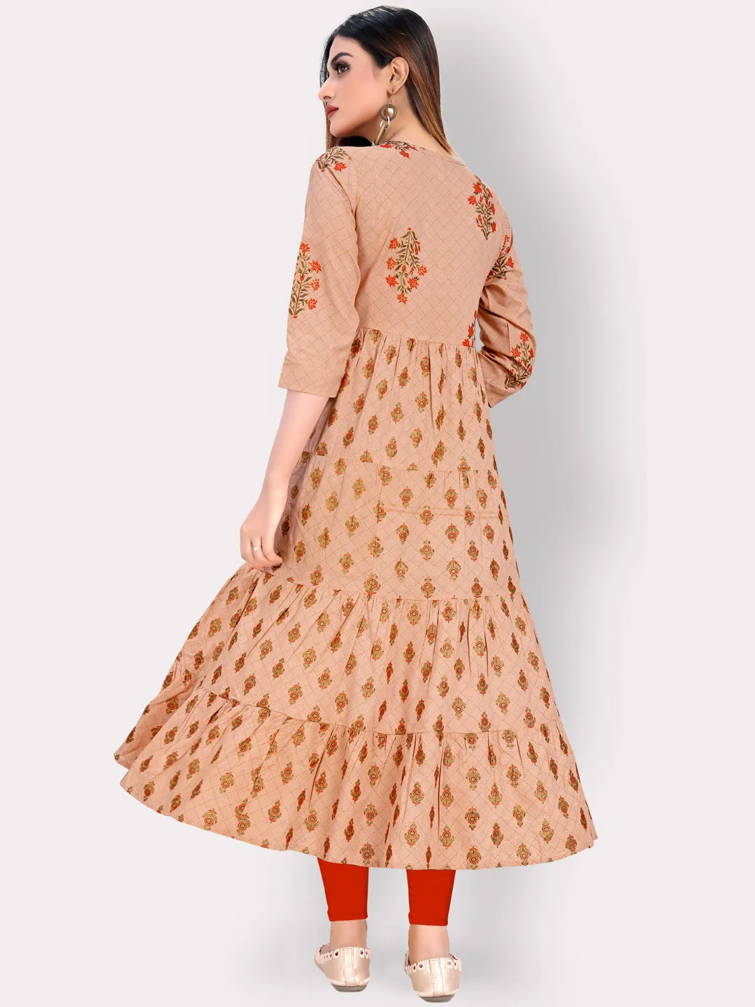 Women'S Foil Print & Embroidered Anarkali Rayon Peach Kurti