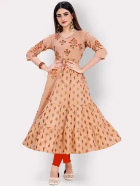 Women'S Foil Print & Embroidered Anarkali Rayon Peach Kurti