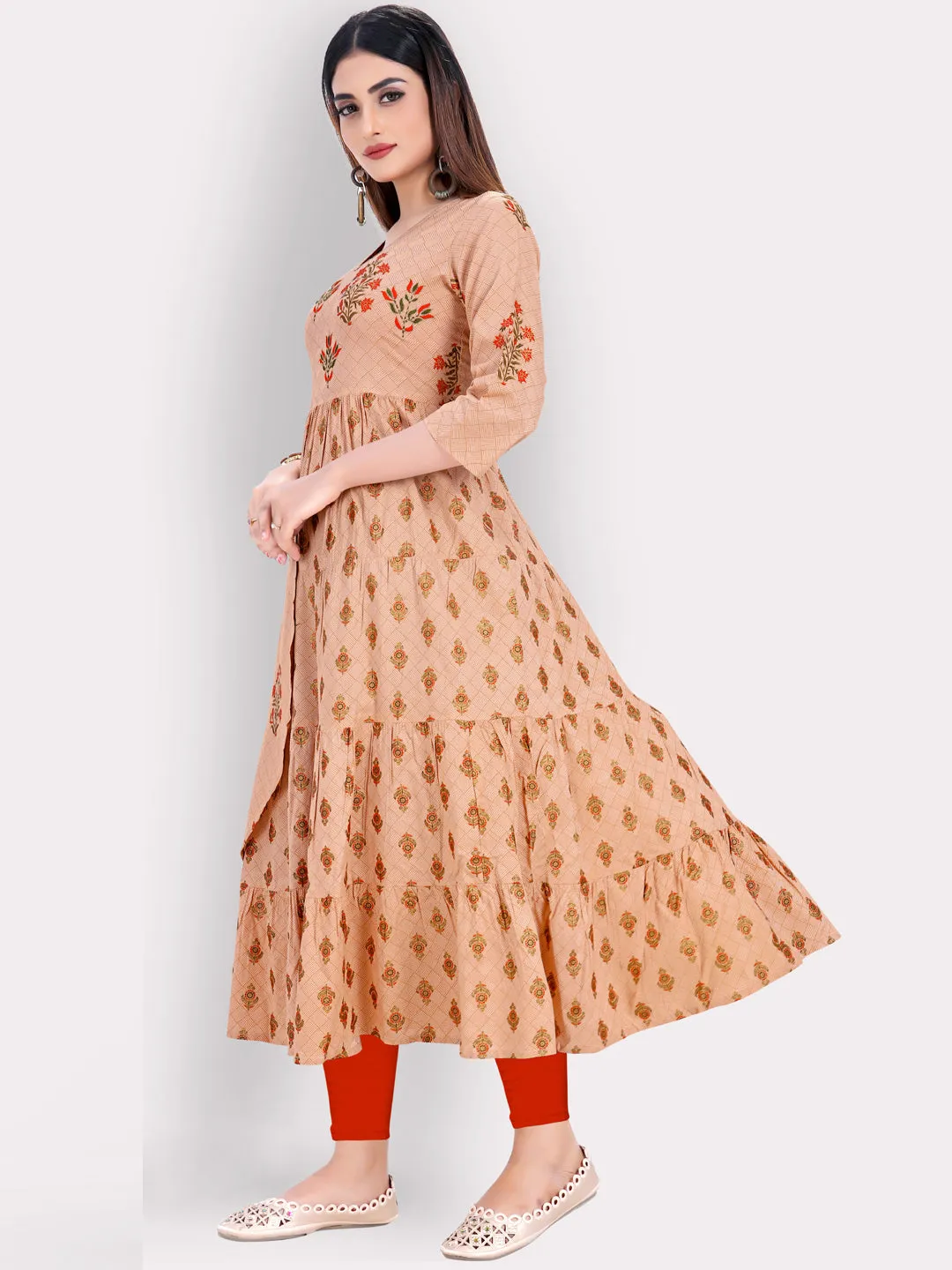 Women'S Foil Print & Embroidered Anarkali Rayon Peach Kurti