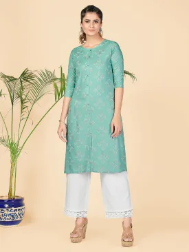 Women'S Foil Print Straight Rayon Turquoise Stitched Kurta