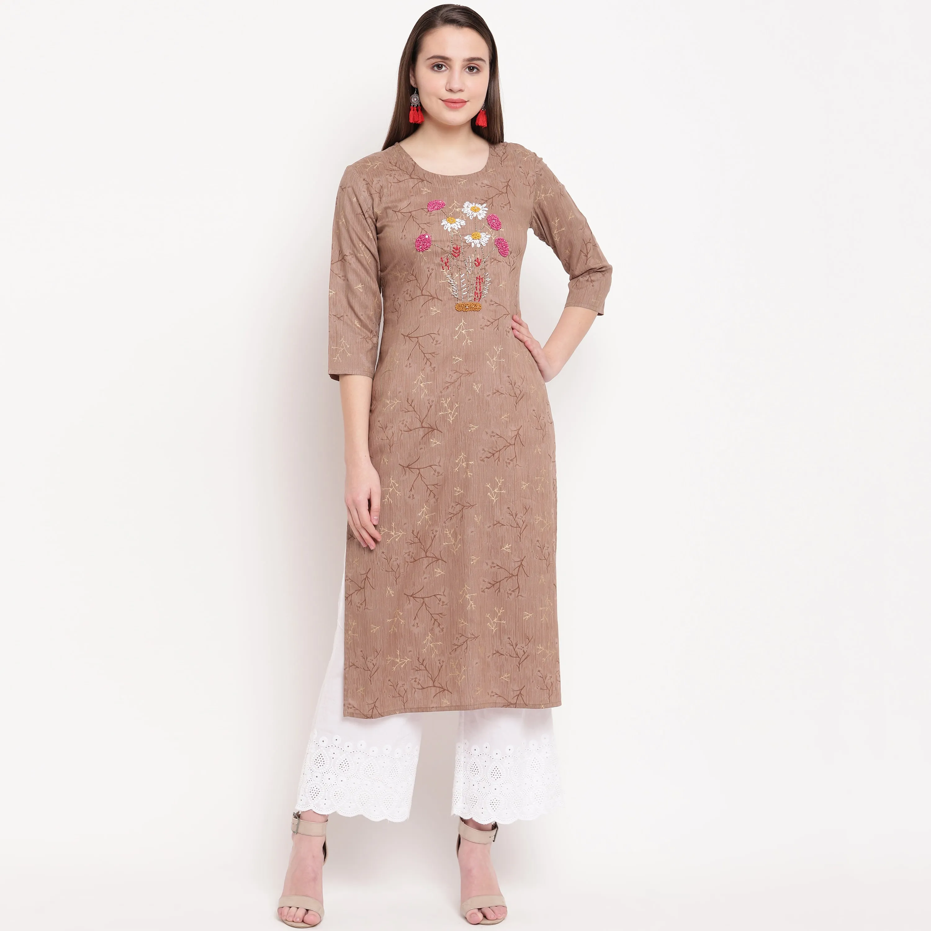 Women'S Hand Work/Printed Straight Rayon Brown Kurti