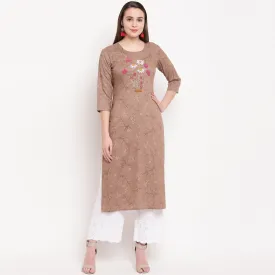 Women'S Hand Work/Printed Straight Rayon Brown Kurti