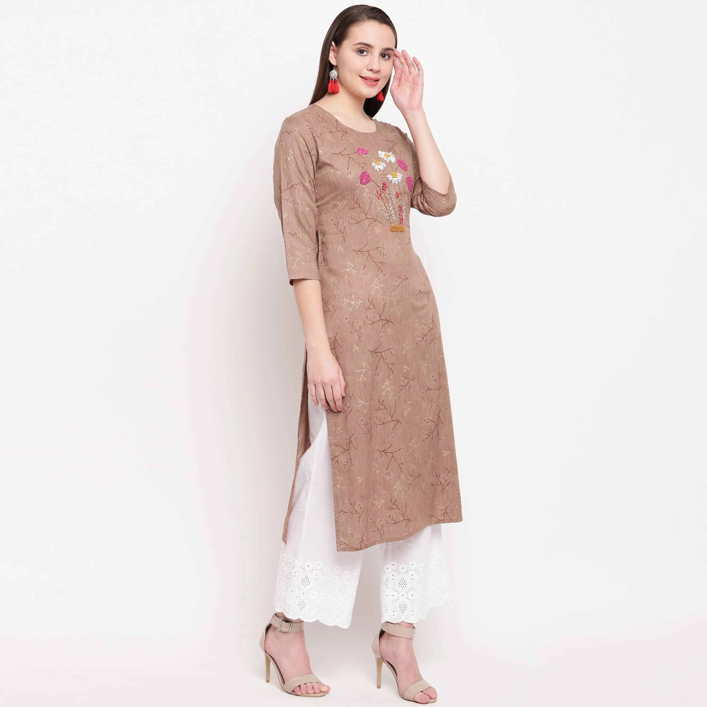 Women'S Hand Work/Printed Straight Rayon Brown Kurti