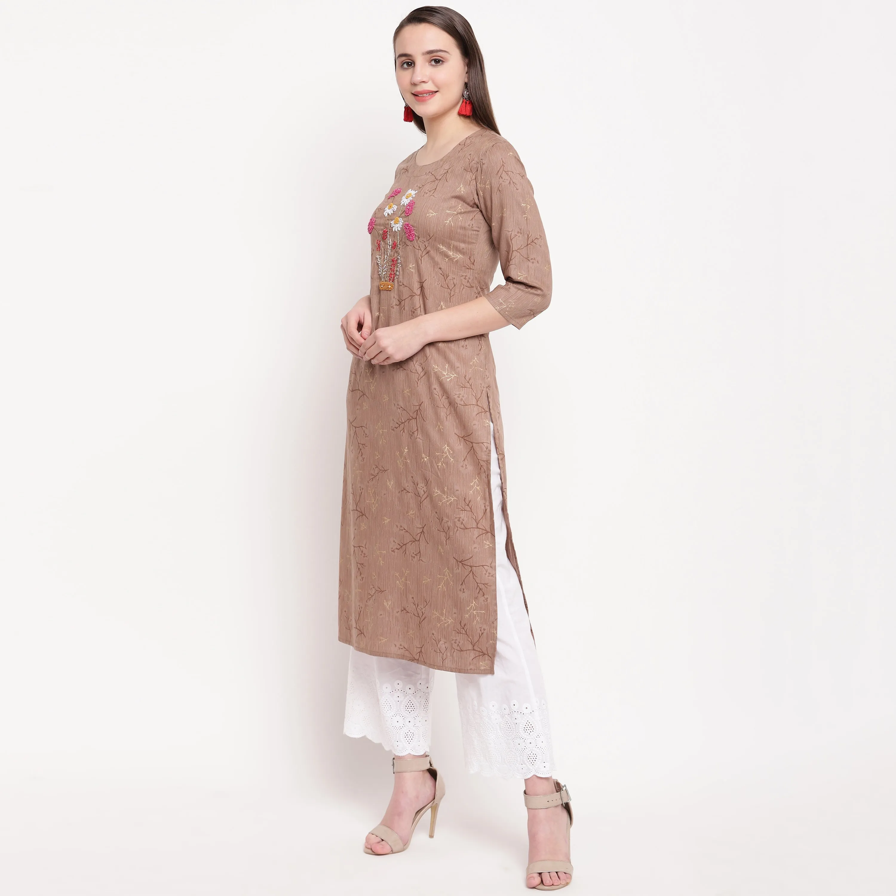 Women'S Hand Work/Printed Straight Rayon Brown Kurti