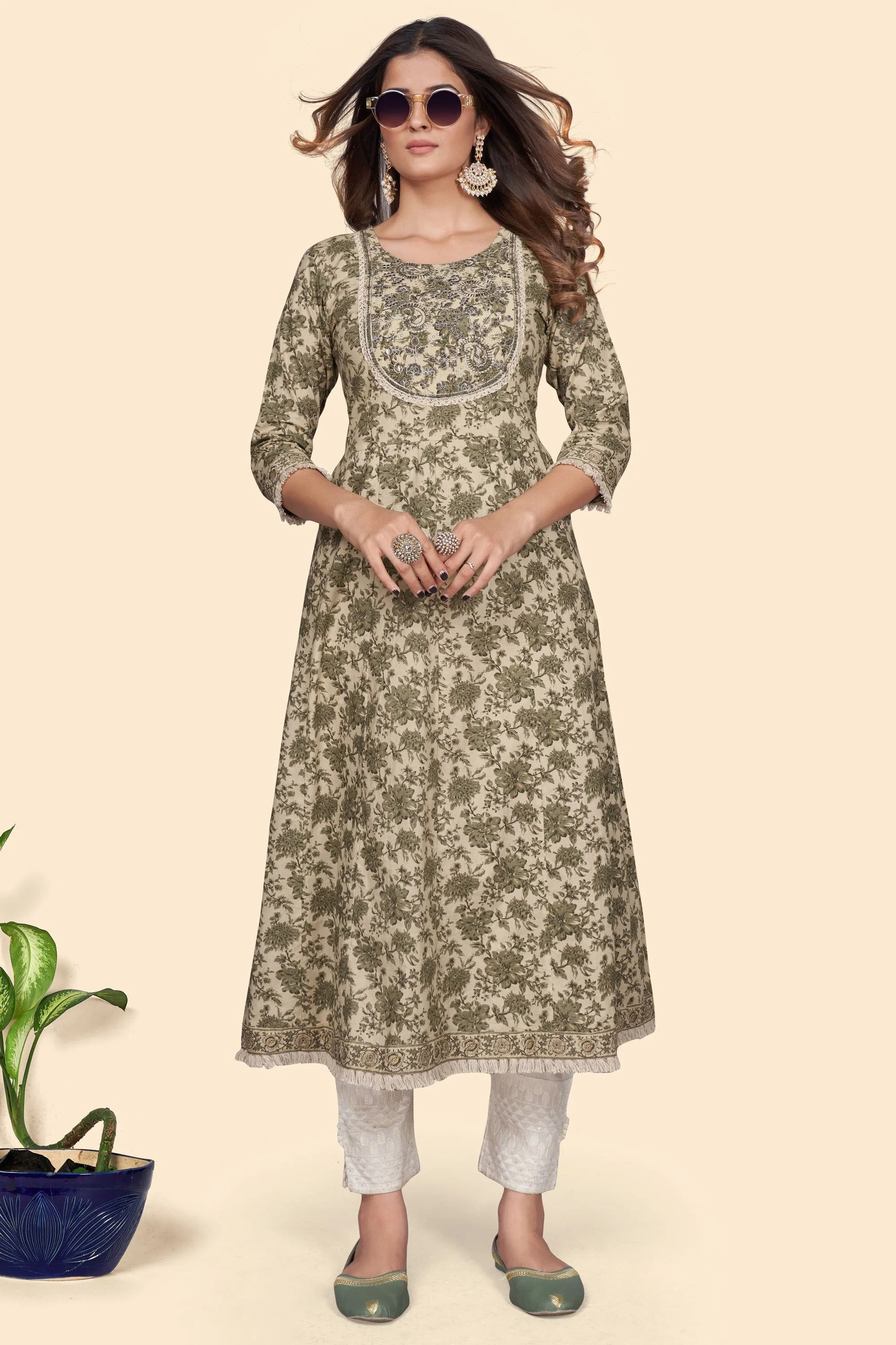 Women'S Print & Embroidered A-Line Cotton Mahendi Green Stitched Kurta