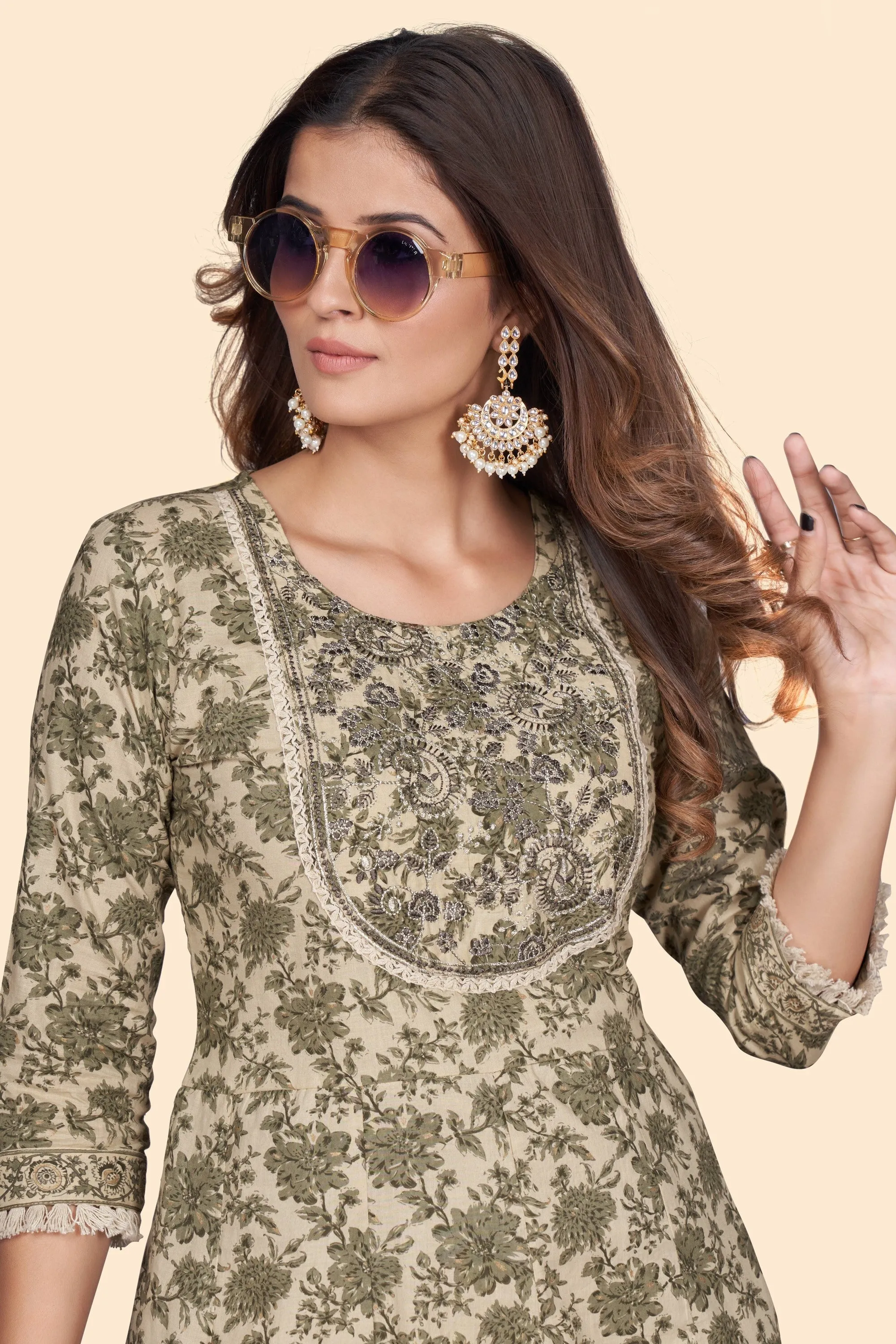 Women'S Print & Embroidered A-Line Cotton Mahendi Green Stitched Kurta