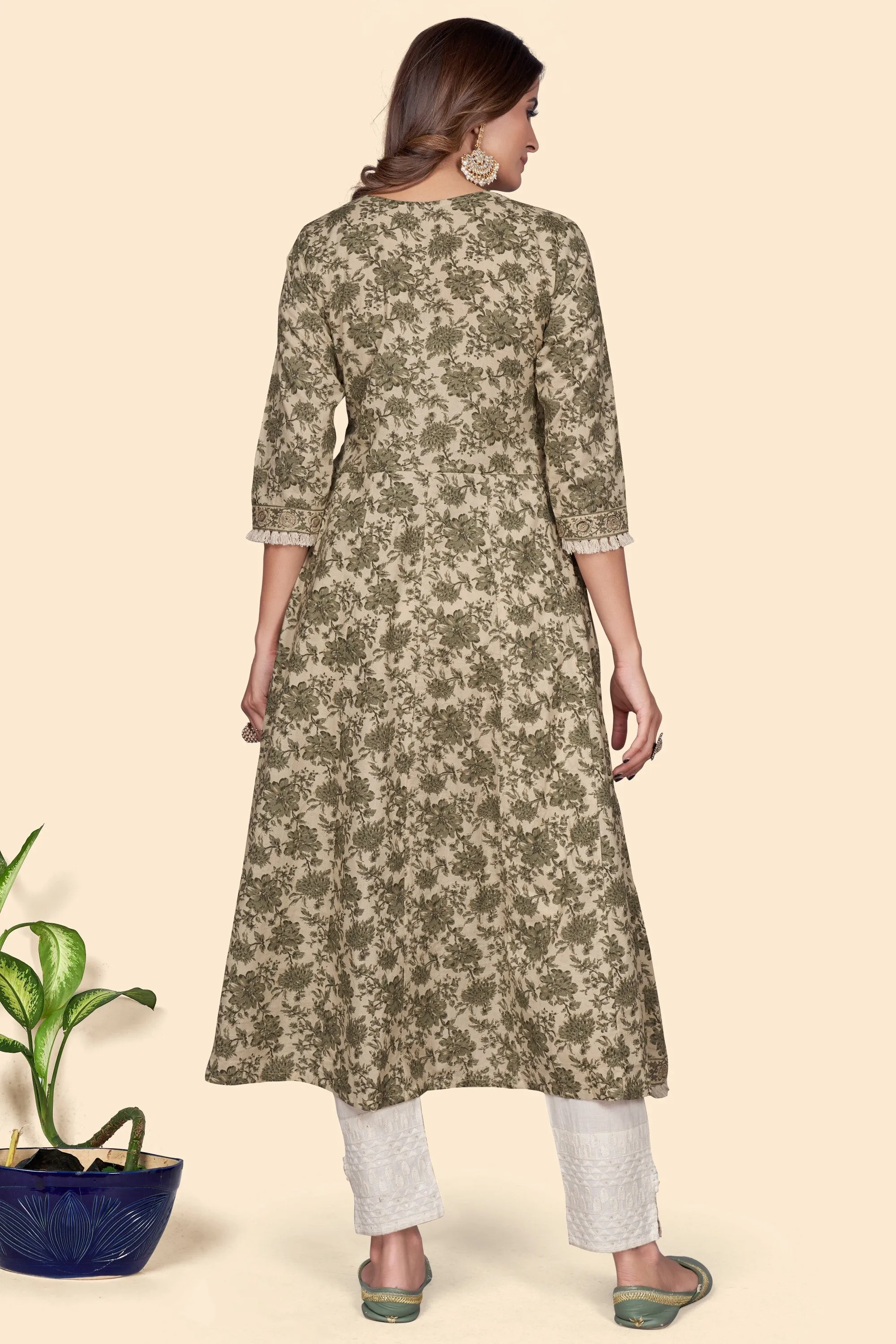 Women'S Print & Embroidered A-Line Cotton Mahendi Green Stitched Kurta