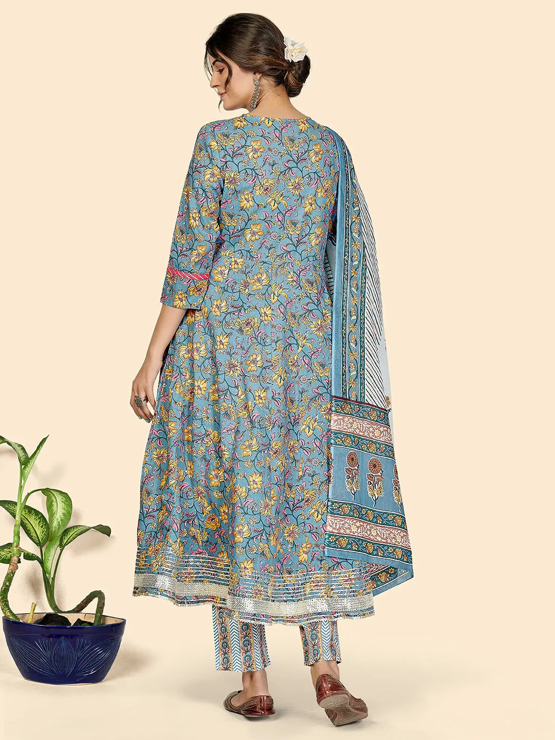 Women'S Print & Embroidered Anarkali Cotton Blue Stitched Kurta Pant With Dupatta