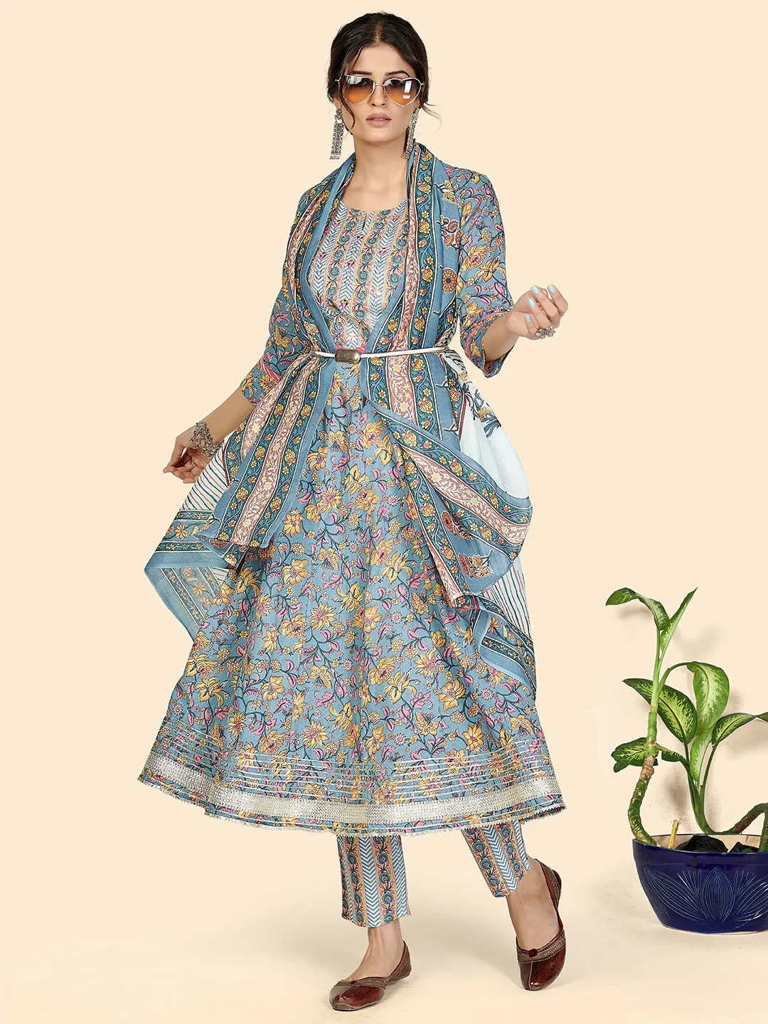 Women'S Print & Embroidered Anarkali Cotton Blue Stitched Kurta Pant With Dupatta