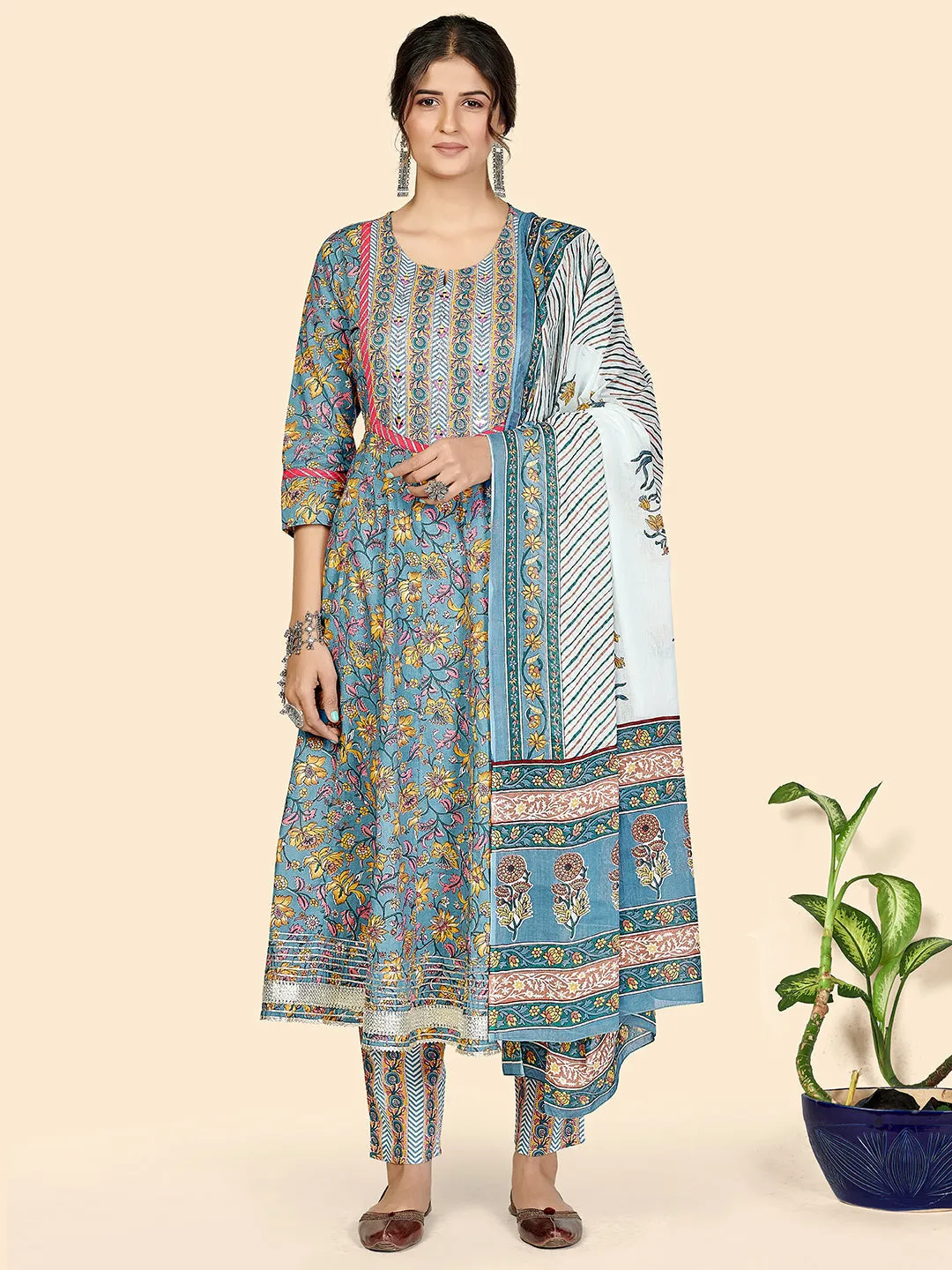 Women'S Print & Embroidered Anarkali Cotton Blue Stitched Kurta Pant With Dupatta