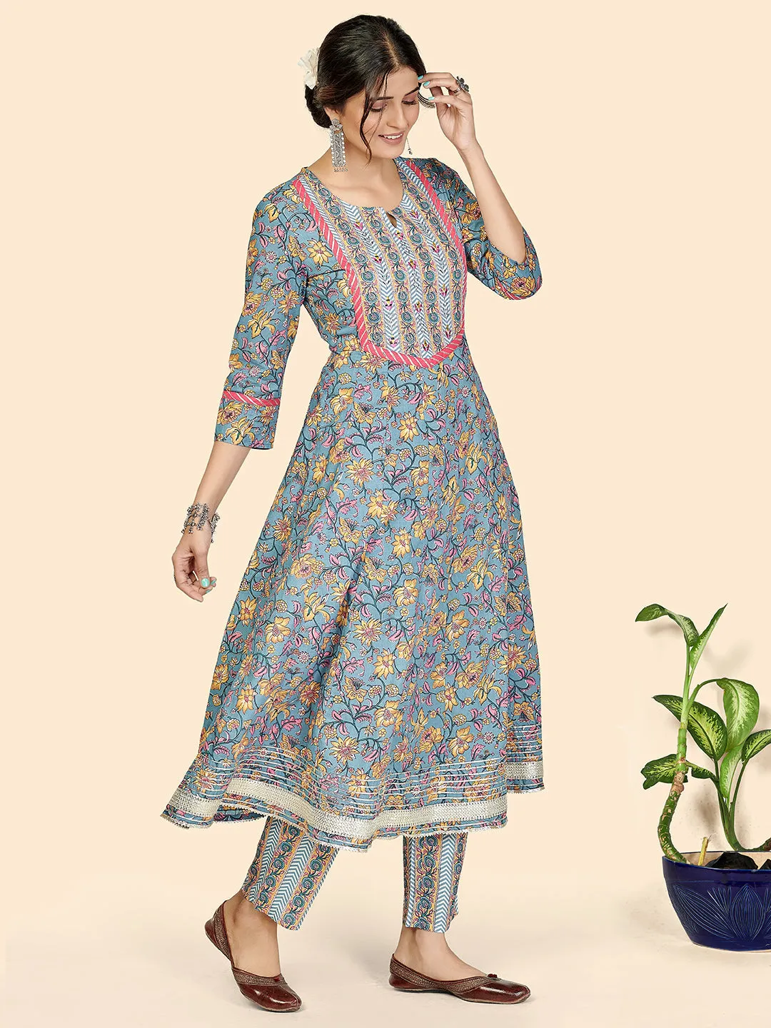 Women'S Print & Embroidered Anarkali Cotton Blue Stitched Kurta Pant With Dupatta