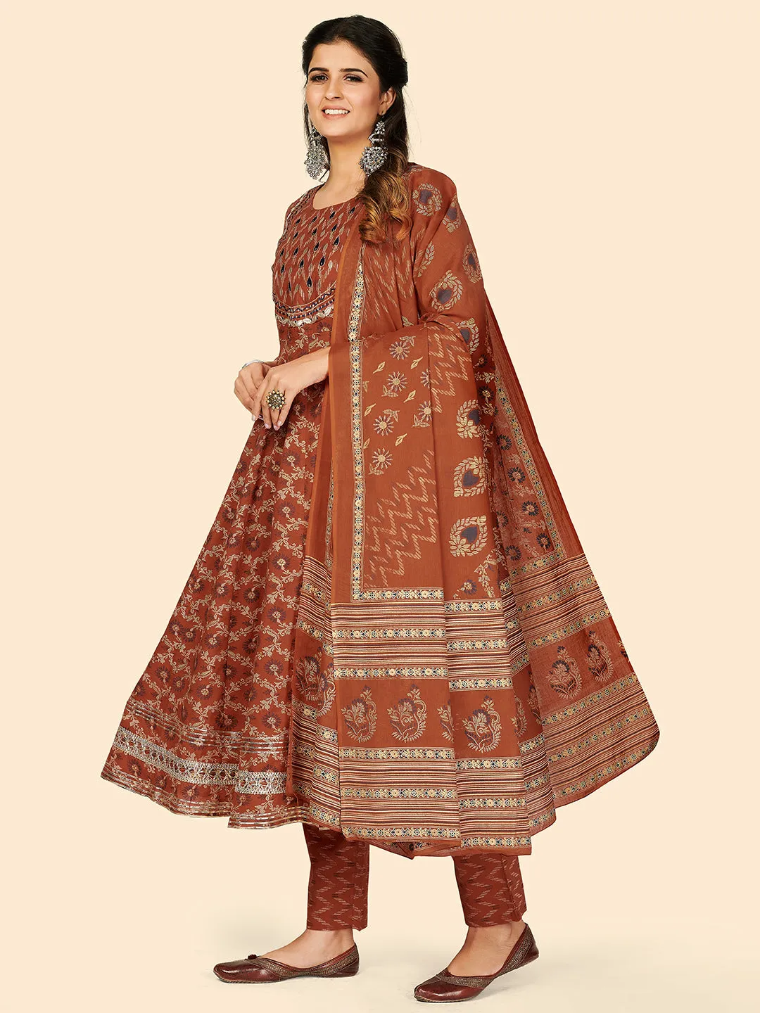 Women'S Print & Embroidered Anarkali Cotton Orange Stitched Kurta Pant With Dupatta