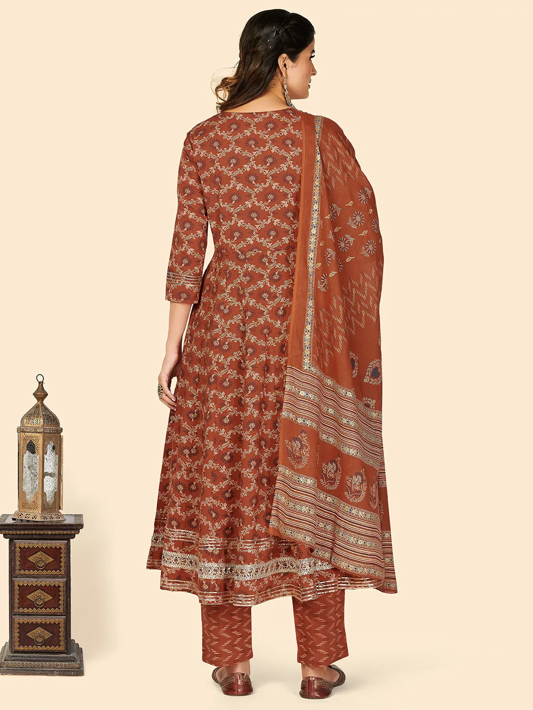 Women'S Print & Embroidered Anarkali Cotton Orange Stitched Kurta Pant With Dupatta