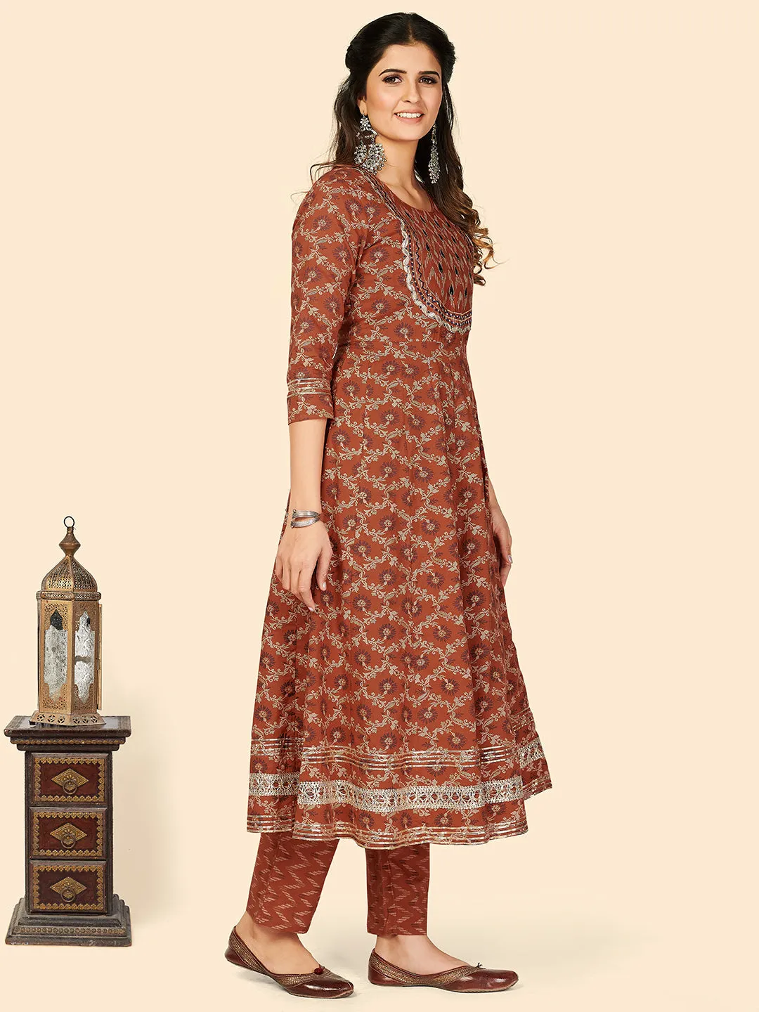 Women'S Print & Embroidered Anarkali Cotton Orange Stitched Kurta Pant With Dupatta