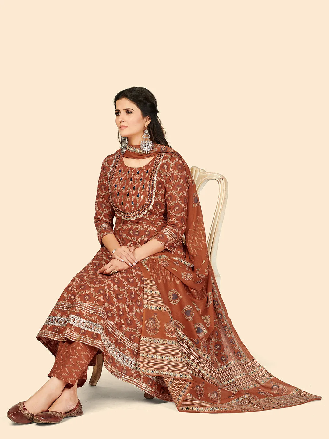 Women'S Print & Embroidered Anarkali Cotton Orange Stitched Kurta Pant With Dupatta