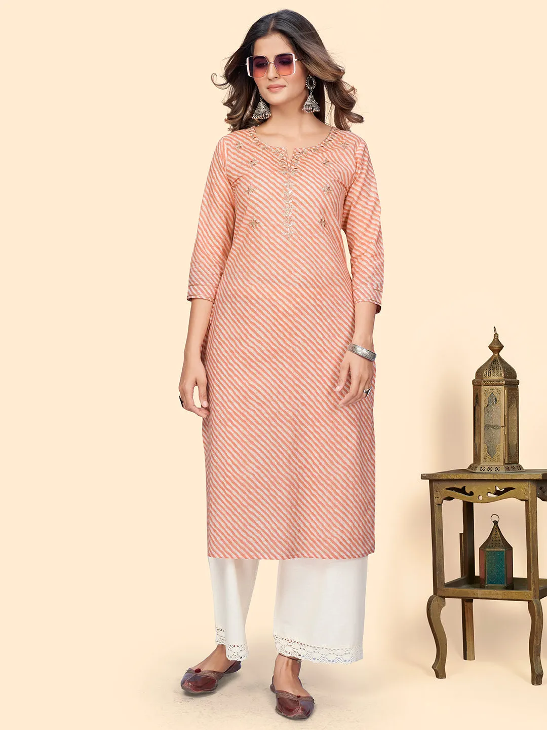 Women'S Print & Gota Work Straight Cotton Peach Stitched Kurta