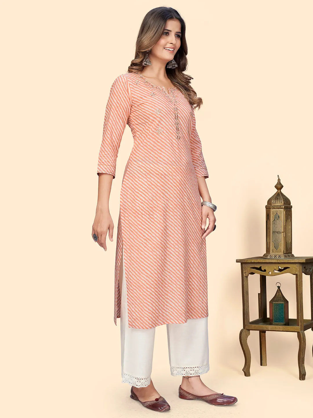 Women'S Print & Gota Work Straight Cotton Peach Stitched Kurta