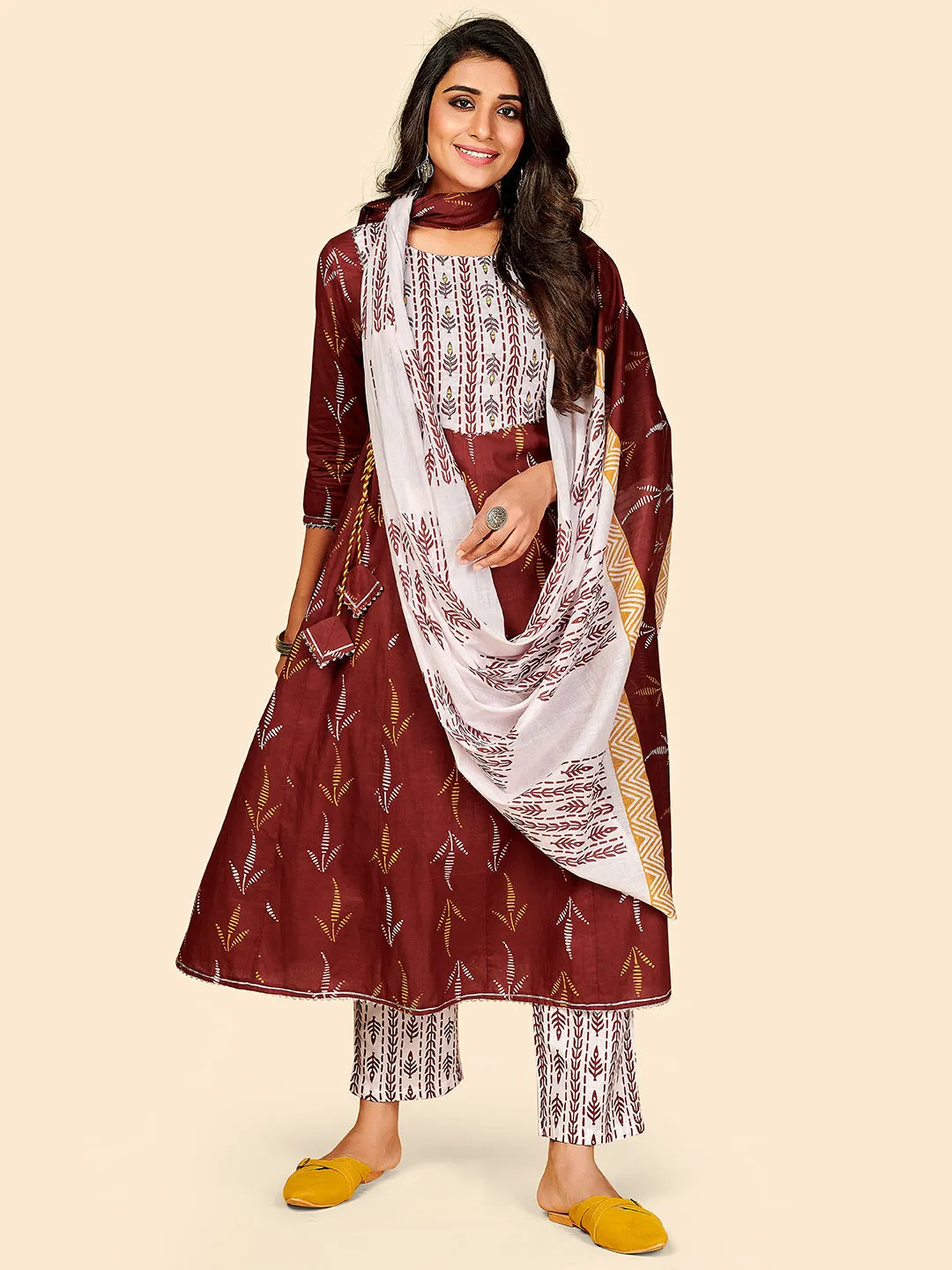 Women'S Printed & Embroidered Anarkali Cotton Maroon Stitched Kurta Pant With Dupatta