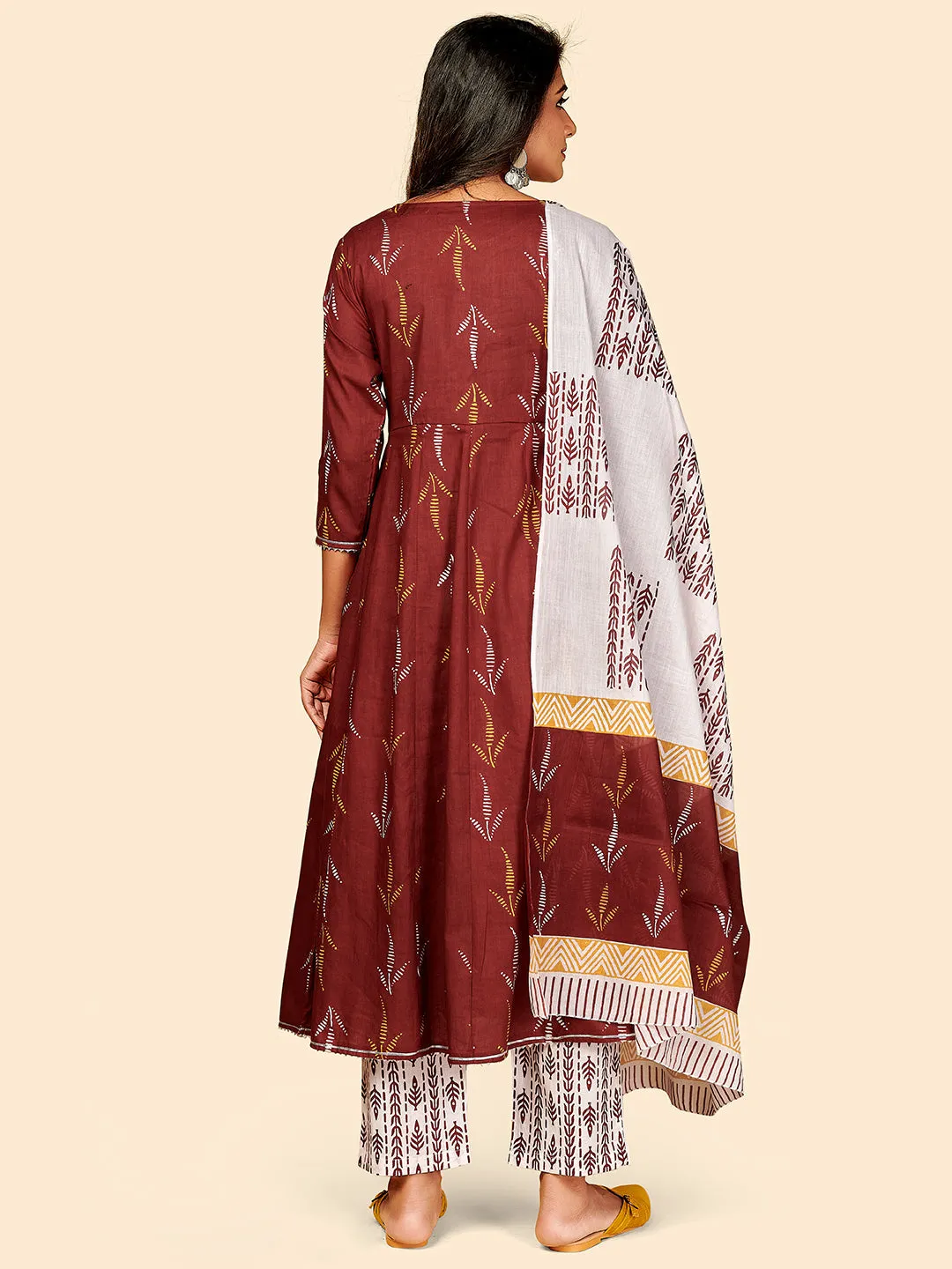 Women'S Printed & Embroidered Anarkali Cotton Maroon Stitched Kurta Pant With Dupatta