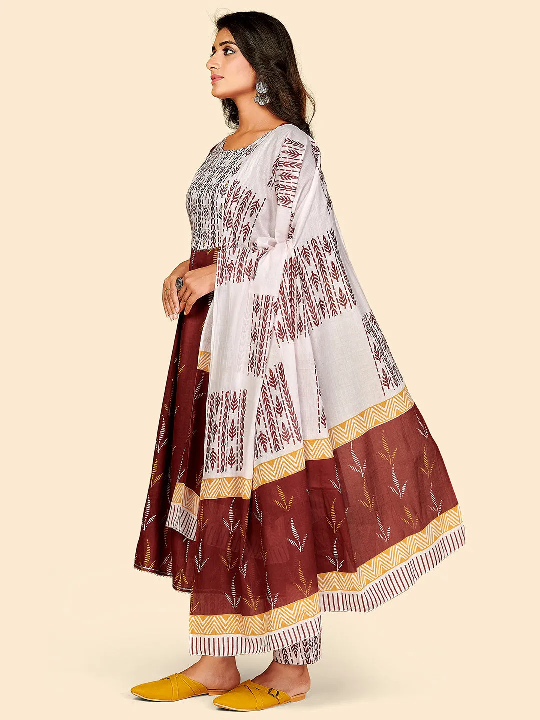 Women'S Printed & Embroidered Anarkali Cotton Maroon Stitched Kurta Pant With Dupatta