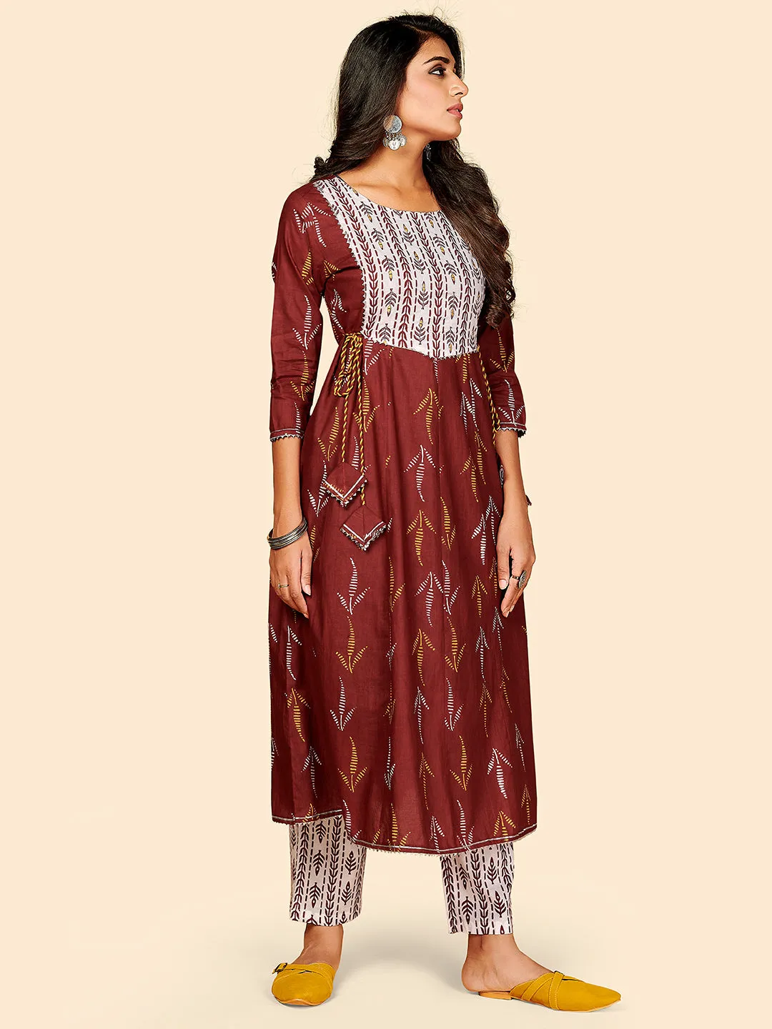 Women'S Printed & Embroidered Anarkali Cotton Maroon Stitched Kurta Pant With Dupatta