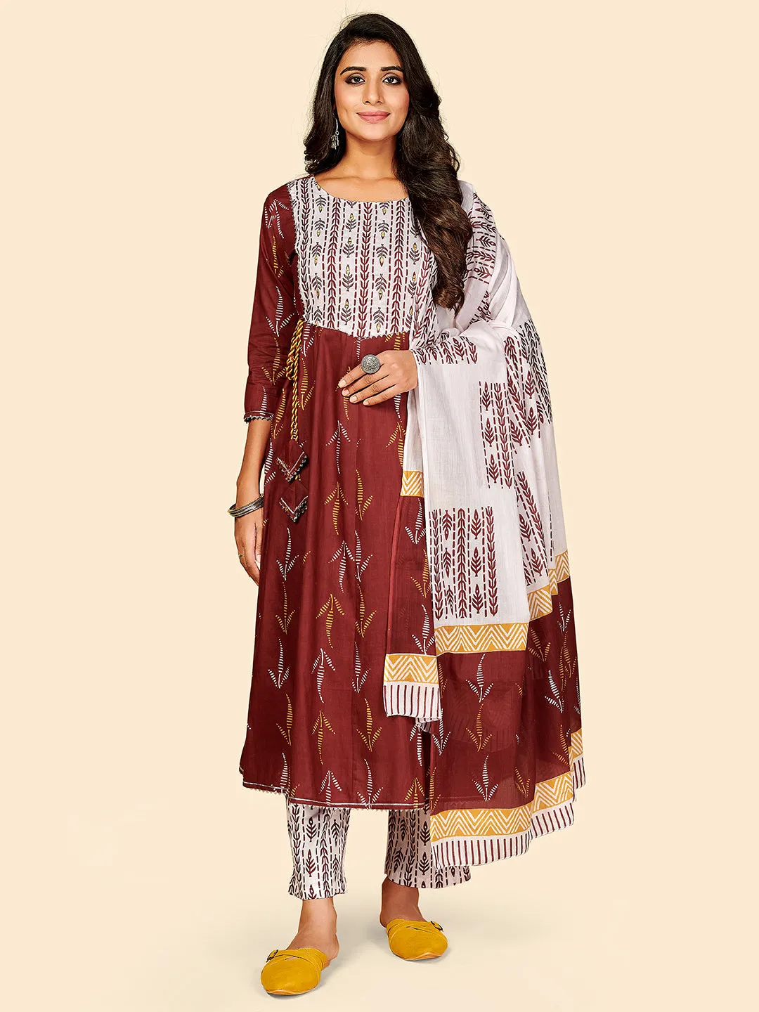 Women'S Printed & Embroidered Anarkali Cotton Maroon Stitched Kurta Pant With Dupatta