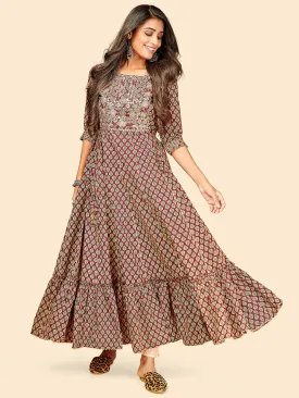 Women'S Printed & Embroidered Anarkali Cotton Marron Stitched Kurta