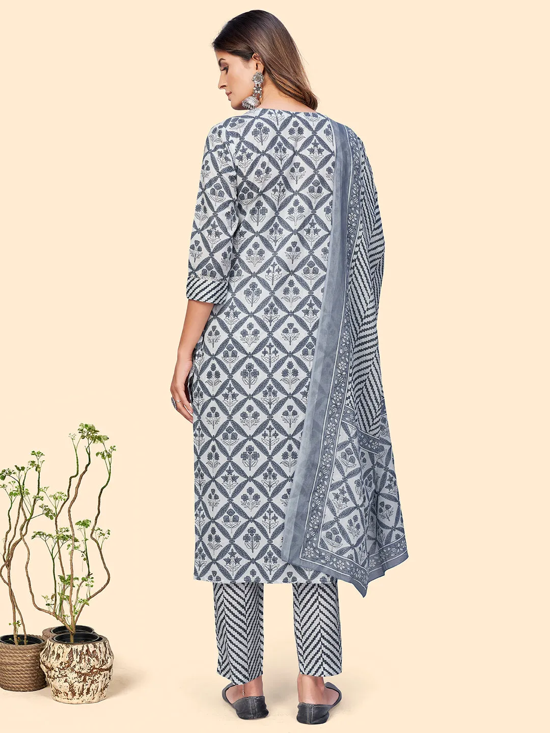 Women'S Printed & Embroidered Straight Cotton Navy Blue Stitched Kurta Pant With Dupatta