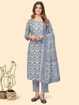 Women'S Printed & Embroidered Straight Cotton Navy Blue Stitched Kurta Pant With Dupatta