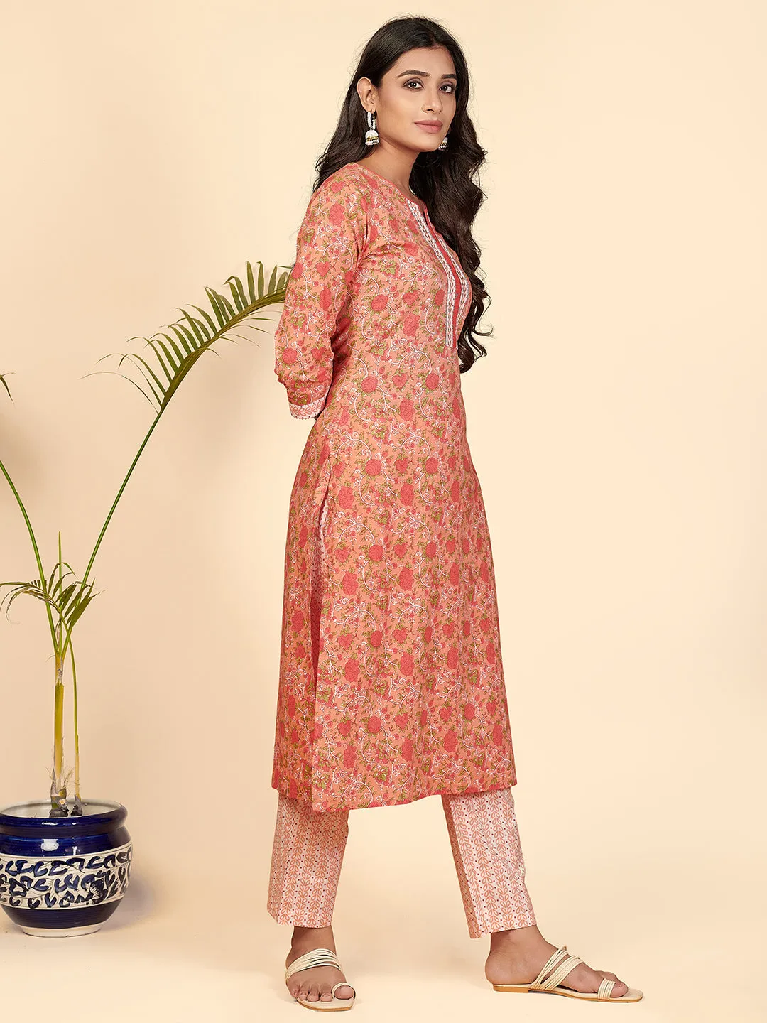 Women'S Printed & Embroidered Straight Cotton Orange Stitched Kurta Pant With Dupatta