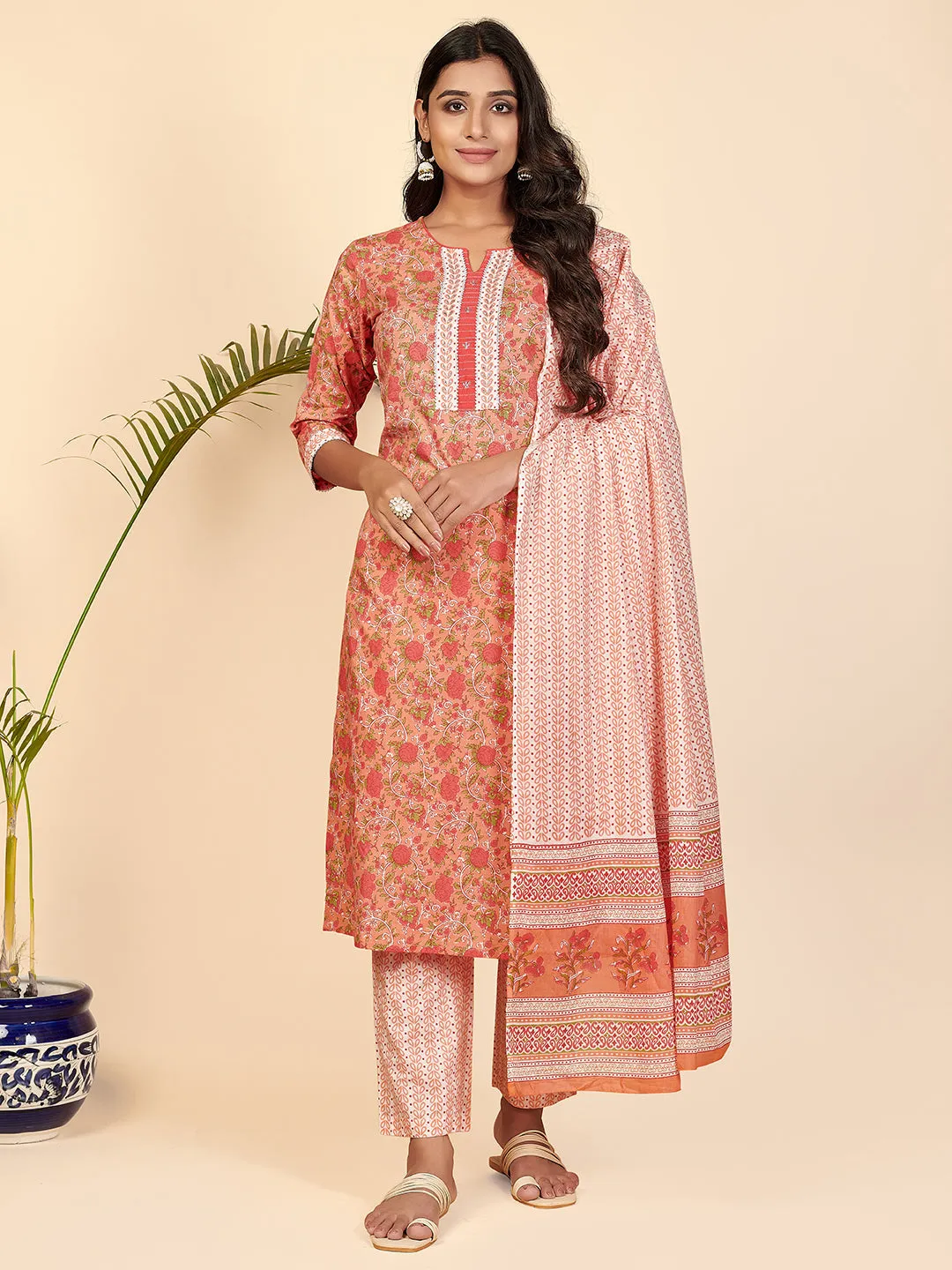 Women'S Printed & Embroidered Straight Cotton Orange Stitched Kurta Pant With Dupatta