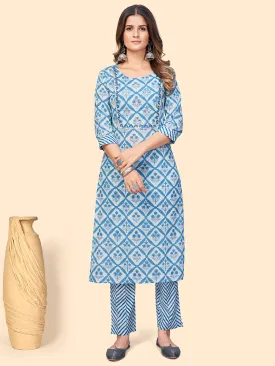 Women'S Printed & Embroidered Straight Cotton Sky Blue Stitched Kurta