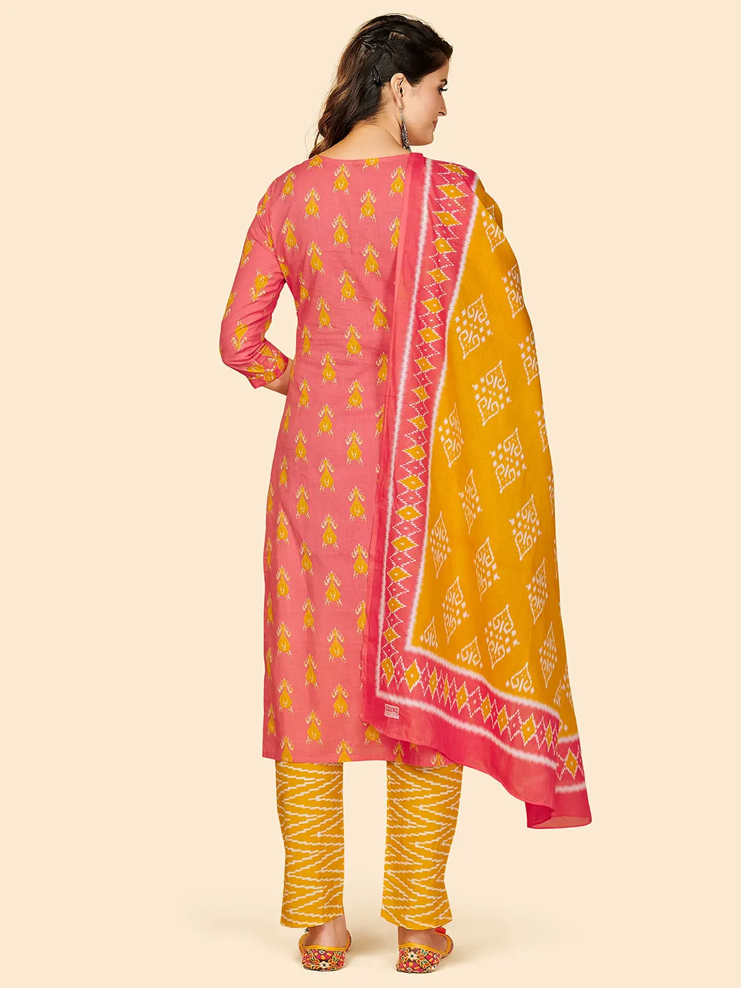 Women'S Printed & Hand Work Straight Cotton Coral Stitched Kurta Pant With Dupatta